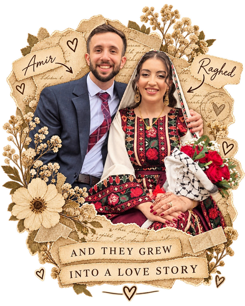 Photos of Amir and Raghed as adults, with their names on floral paper