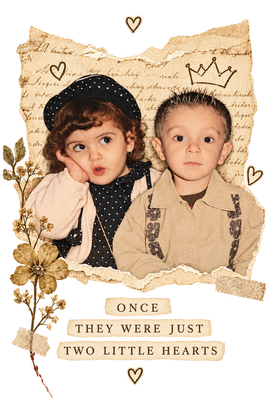 Childhood photos of Amir and Raghed on floral paper